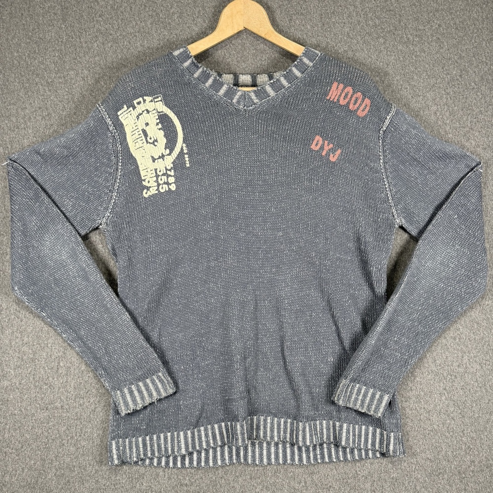 Graphic Sweater Mens XL Gray Mood DYJ Knit V-Neck Long Sleeve Pullover Top